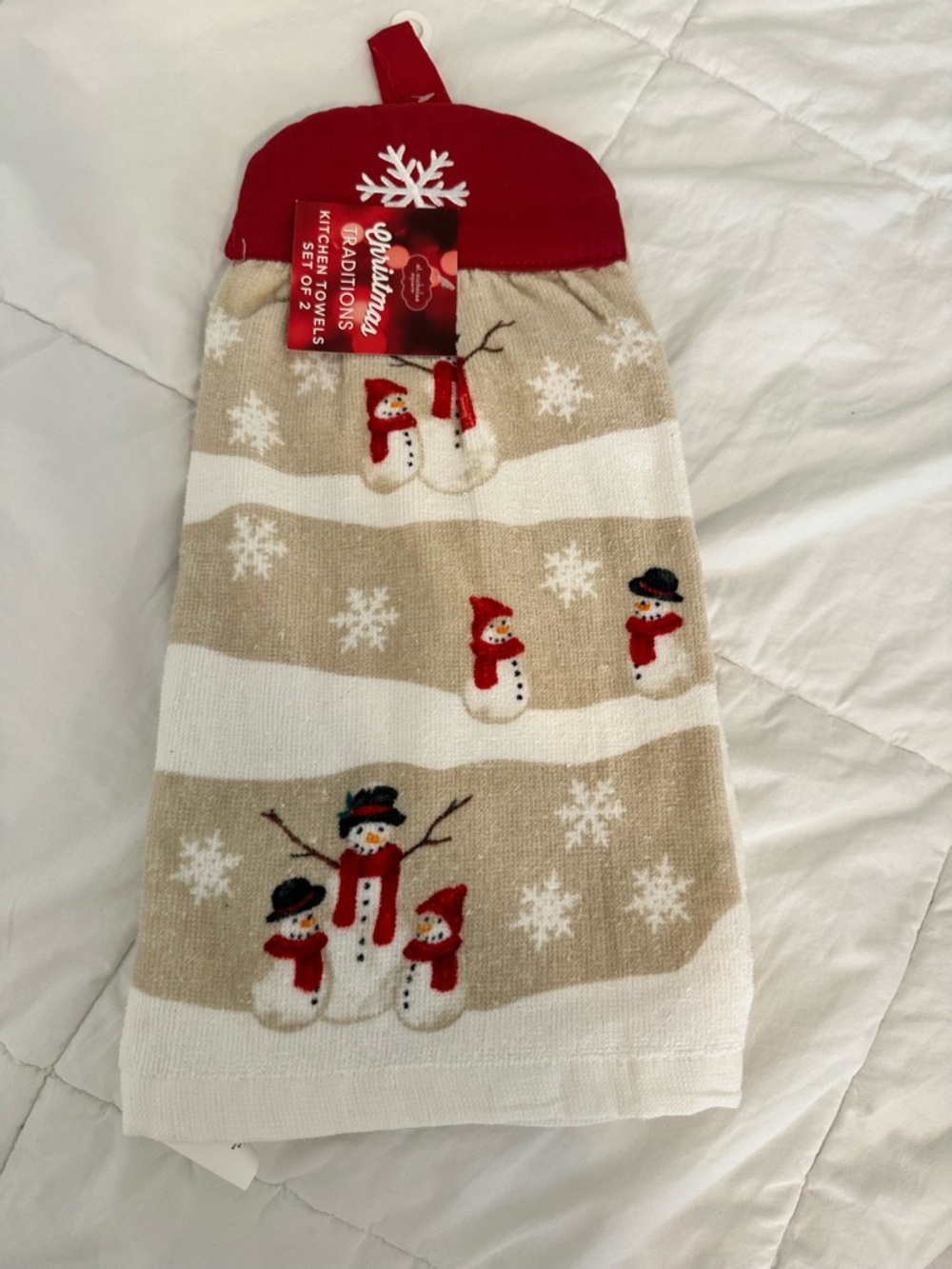 St. Nicholas Square Red & Beige Snowflake and Snowman Kitchen Towels Set of Two